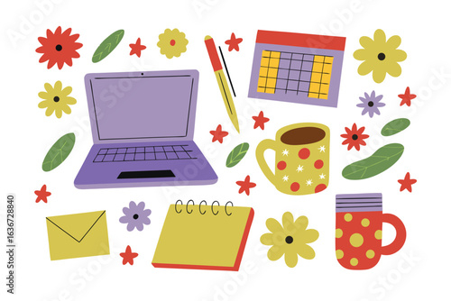 Daily Planner Arrangement: A charming, artistic arrangement of essential work and study elements, featuring a notebook, laptop, pen, calendar, coffee mugs, envelopes and floral accents.