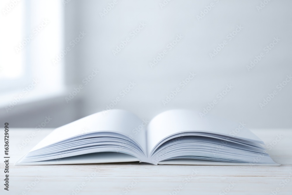 Fototapeta premium Open book rests on wooden table, showcasing blank pages in soft