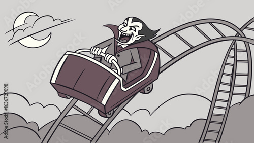 Joyful vampire rides a thrilling roller coaster under a crescent moon and clouds on a spooky night