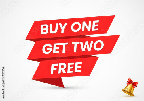 Buy one get two free sale promotion offer discount advertisement on white background.