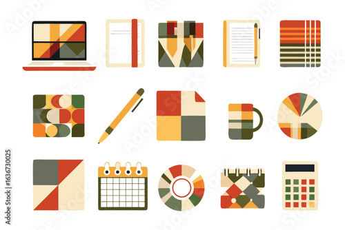 Office and stationery tools abstract: A collection of various stationery items, from laptop to calendar arranged in visually pleasing manner with an artistic and vibrant look.