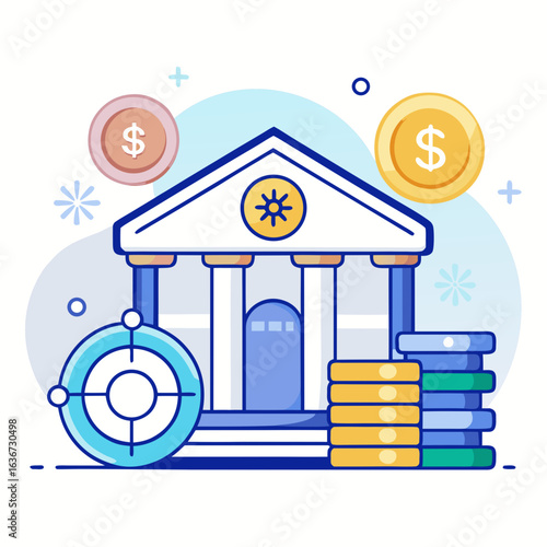Minimalist Bank Building with Vault and Digital Currency Vector Icon on White Background