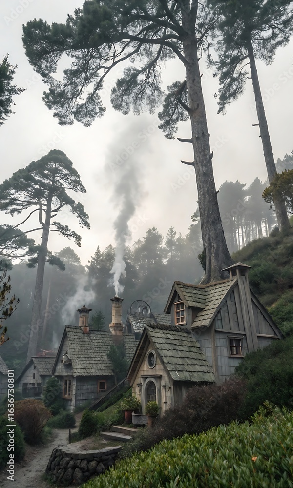 Fototapeta premium Whimsical village on a treetop in grey tones. Dreamlike and surreal fantasy scene. AI GENERATED. 