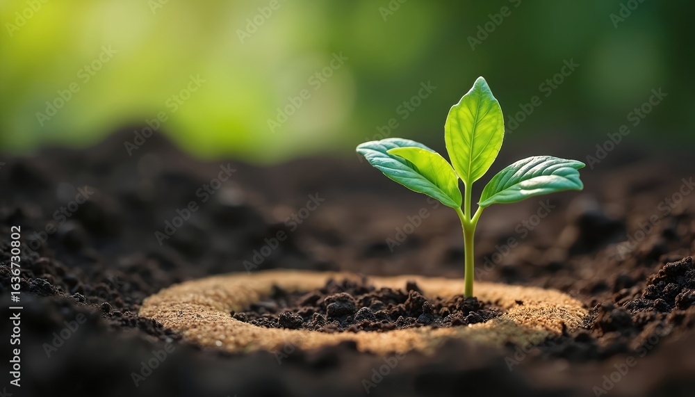 Fototapeta premium New business ideas sprout from rich soil, symbolizing growth and sustainability. A young plant emerges, representing innovation, development, and future success for startups and entrepreneurs.