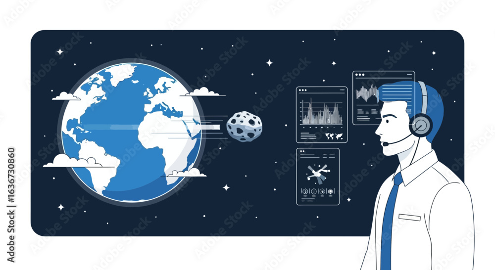 Fototapeta premium Global Threat Mitigation Operator Analyzing Earth Danger And Asteroid Trajectory