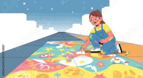 Girl's Creative Sidewalk Art Bringing Color to City Life Illustration