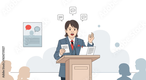 Illustration of a confident speaker delivering a speech from a podium to an audience
