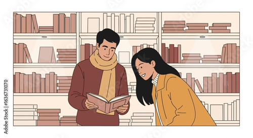 Illustration of a Couple Reading Books in a Library together surrounded by shelves stacked with books and warm tones