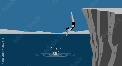 Illustration of a courageous woman diving off a cliff into the ocean for adventure