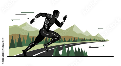 Illustration of a determined athlete running towards the mountainous landscape