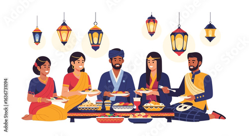 Illustration of a diverse group enjoying a festive meal during ramadan celebration