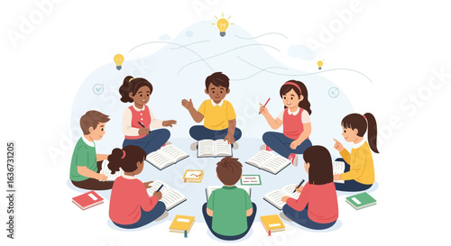 Group of diverse students collaborating in a circle with books and light bulbs representing innovative ideas and creative thinking