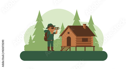 Illustration of a forest ranger with binoculars standing near a log cabin in the woods