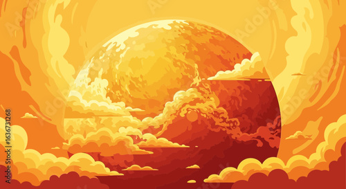 Illustration of a giant sun or planet rising above stylized clouds and horizon
