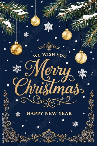 Festive Holiday Card Design Featuring Merry Christmas Wishes and Golden Ornaments on Deep Blue Background