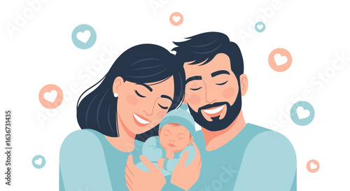 Illustration of a happy family with newborn baby radiating love and togetherness, heartwarming scene with emotional connections