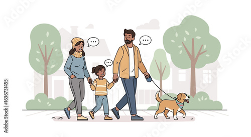 Illustration of a happy family walking a dog in a park, enjoying quality time together in a peaceful environment