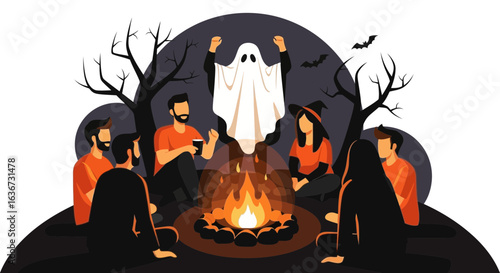 Halloween Gathering Around Bonfire, Telling Spooky Stories with Friends