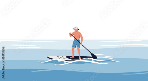 Illustration of a man paddleboarding on a calm sea, enjoying a sunny day engaging in water sport activities during summertime