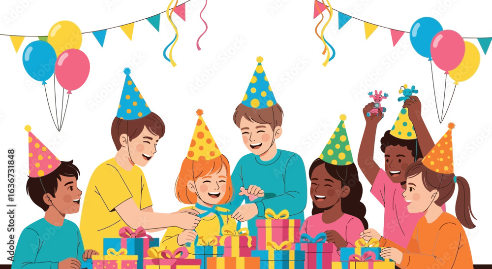Fototapeta premium Happy Children Celebrating a Birthday Party With Balloons and Gifts