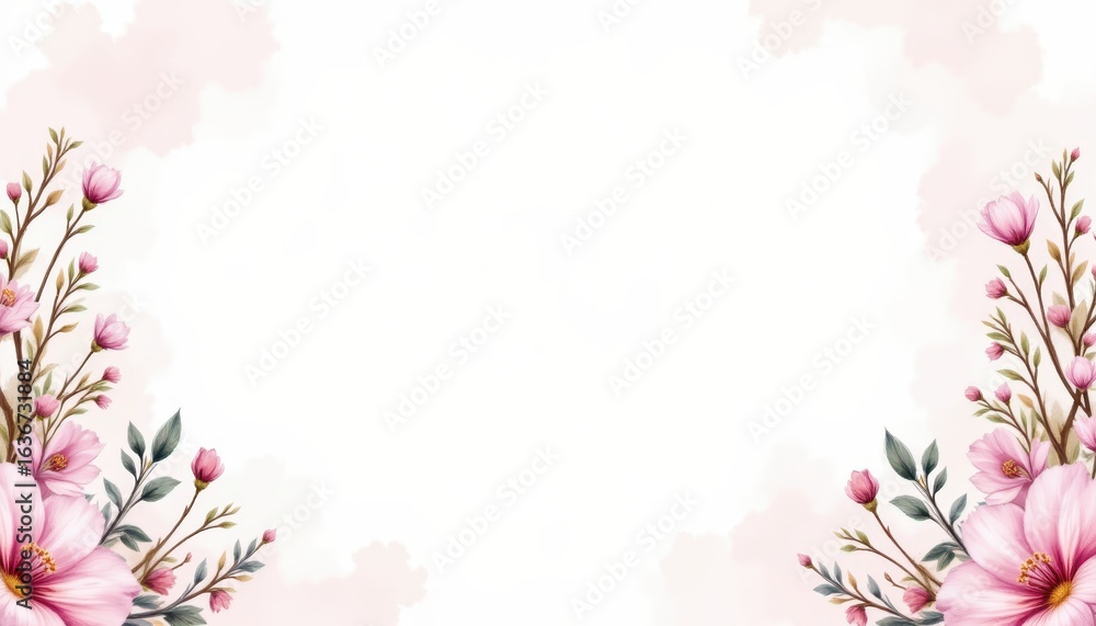 Elegant pink flowers frame with soft watercolor background for spring designs pink Elegant pink flowers frame with soft watercolor background for spring designs pink