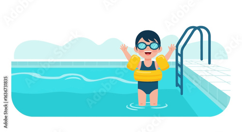 Happy child with arm floaties enjoying swimming pool activities during summer season