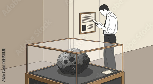 Illustration of a meteorite exhibit at a museum with a man reading about it on his tablet