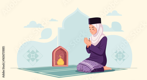 Illustration of a Muslim woman praying on a prayer rug in front of a mosque setting peaceful serene moment representation of islamic faith