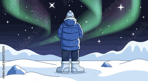 Illustration of a person admiring the aurora borealis in a snowy landscape capturing the magic of winter and nature