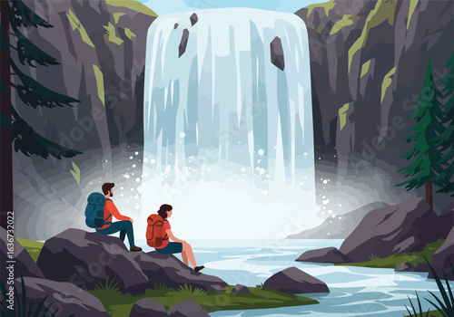 A couple of adventurers with backpacks enjoying a scenic view of a majestic waterfall while resting during their challenging mountain hiking trip