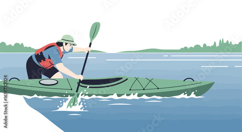Illustration of a person kayaking in a lake wearing a life vest and hat enjoying the outdoors