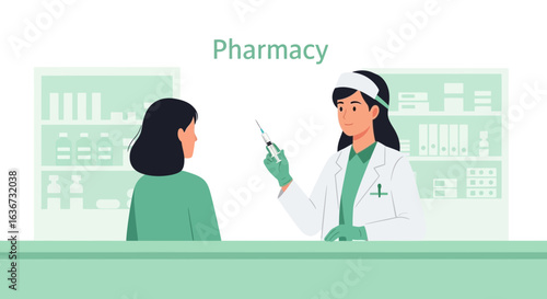 Illustration of a pharmacist giving a vaccination to a patient in a pharmacy setting