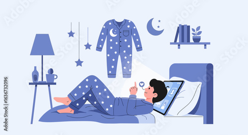 Illustration of a relaxed man in pajamas video calling before bed at night scene