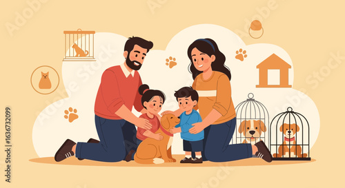Happy Family Adopting A Cute Dog From An Animal Shelter Together