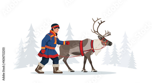 Illustration of a Sami man leading a reindeer through a snowy winter landscape with stylized trees