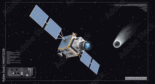Illustration of a Satellite Observing a Comet Against a Starry Background Space Exploration
