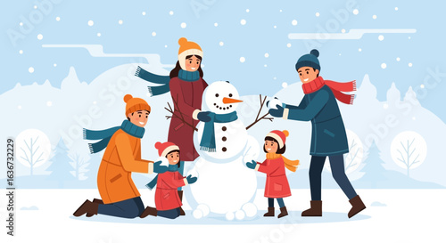 Happy family building a snowman together in a snowy winter landscape scene