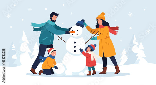 Happy Family Building a Snowman Together on a Snowy Winter Day