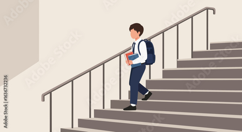 Illustration of a schoolboy going down the stairs with a backpack holding books showing school routine and activity for pupils