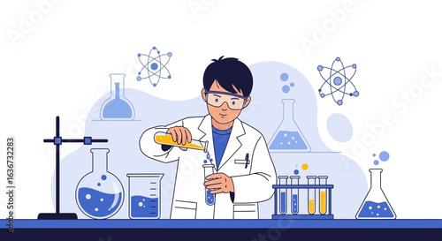 Illustration of a scientist conducting research with flasks and test tubes in laboratory