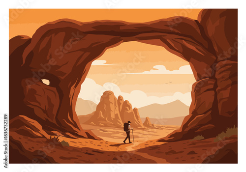 A lone backpacker on an epic hiking adventure through a desert canyon, framed by a magnificent natural red rock arch at sunrise