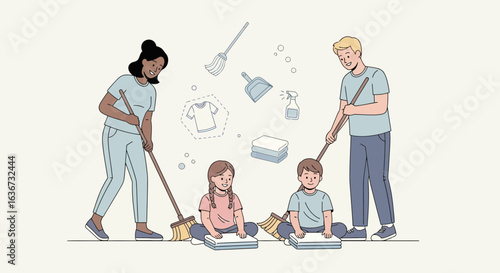 Happy Family Doing Housework Together at Home Engaging in Cleaning Chores