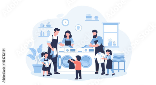 Happy Family Doing Laundry Together at Home in Blue Minimalist Design
