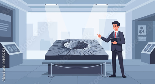 Illustration of a tour guide presenting a large impact crater exhibit in a museum