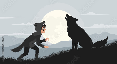 Illustration of a werewolf costume party under the full moon in a spooky night scene