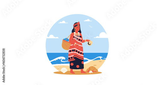 Illustration of a tribal woman collecting shells on a beachside with a basket on her back presenting a coastal cultural scene