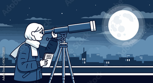 Illustration of a woman astronomer observing the moon through a telescope on rooftop