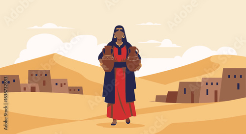 Illustration of a woman carrying water in clay pots across a desert landscape near a village