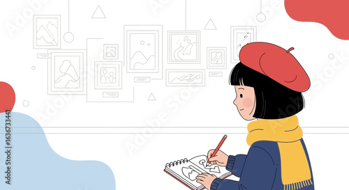 Illustration of a young artist drawing in a museum surrounded by artwork for creative pursuits