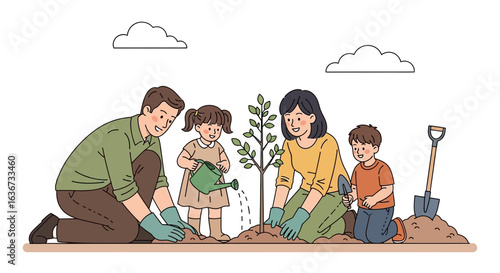 Happy Family Planting A New Tree Together Outdoors Environment Conservation